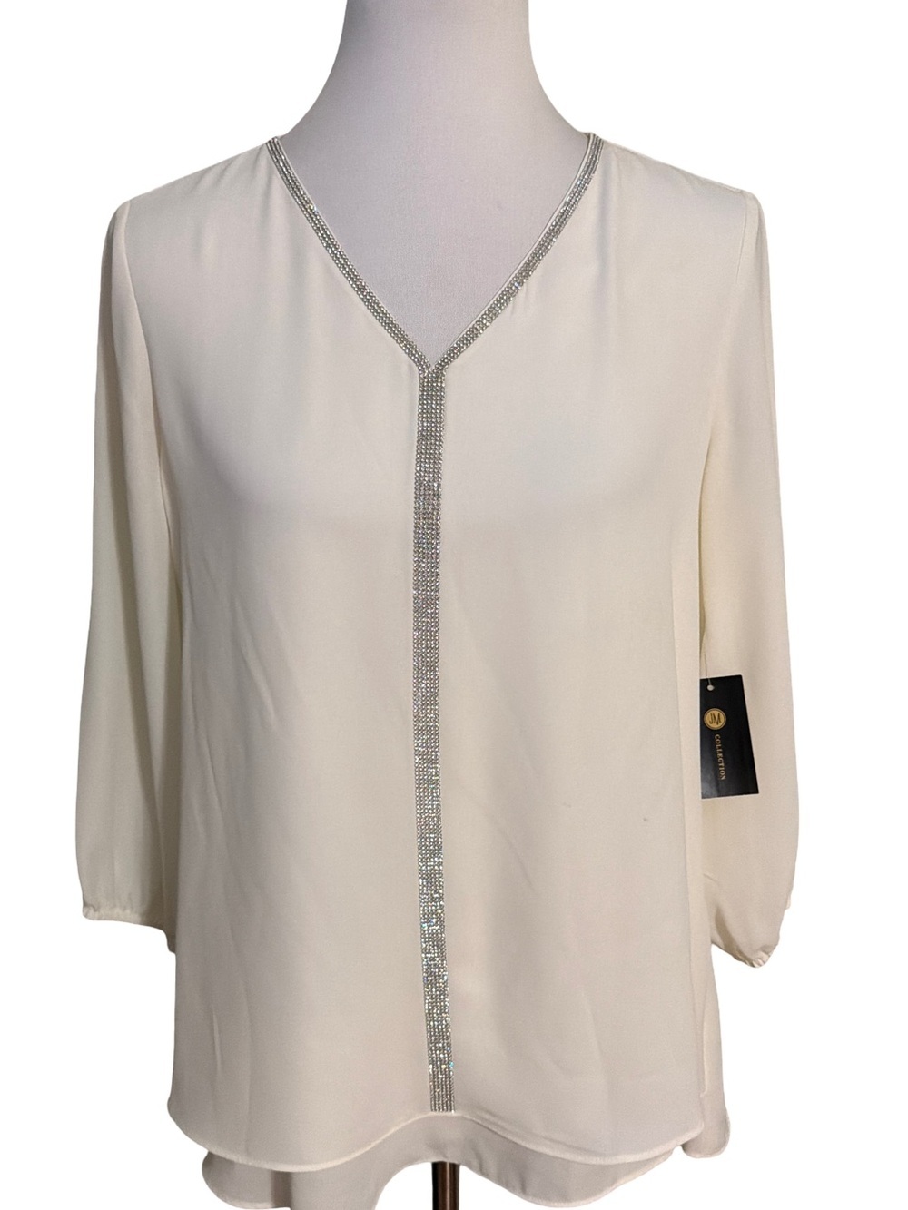 JM Collection Cream V Neck Blouse Silver Trim